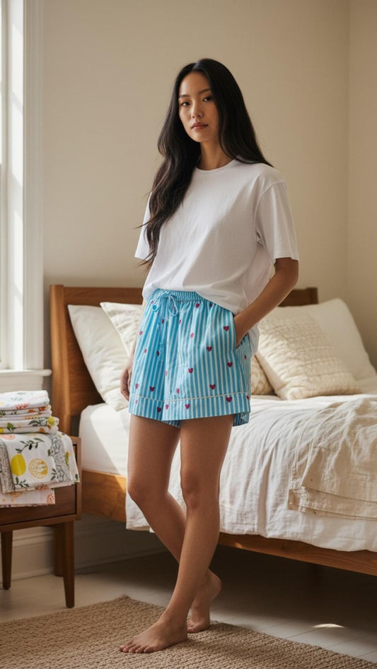 Blue Stripe Heart Cotton Pyjama Shorts – Women’s 100% Cotton PJ Bottoms – Lightweight Summer Sleepwear – Small Medium Large