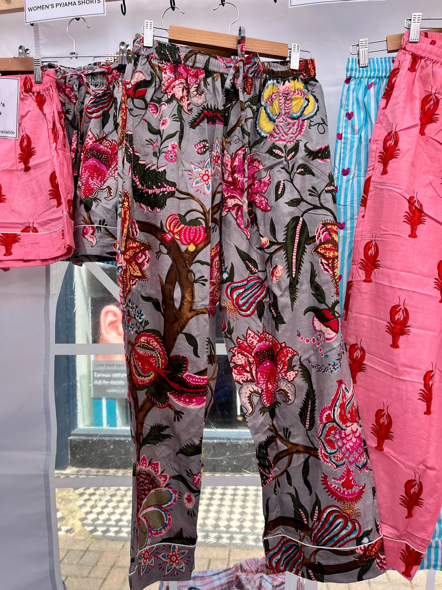 Bohemian Floral Cotton Pyjama Bottoms – Women’s Lounge Pants – Soft Breathable Sleepwear – Grey Print PJ Trousers – S/M/L