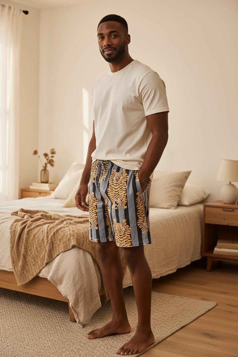 Men’s Tiger Print Cotton Pyjama Shorts with Pockets – Lounge & Sleep Shorts