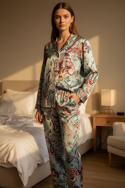 Wild Lotus UK aqua cotton pyjama set with floral botanical print, revere collar, and contrast piping on a model.