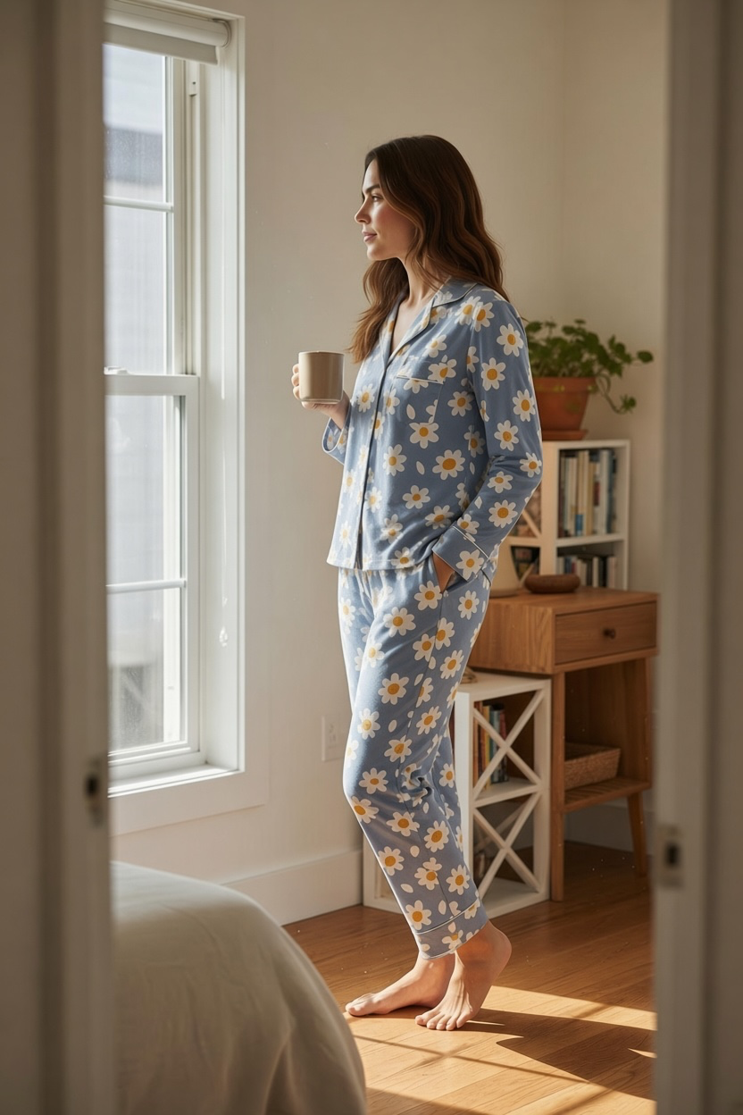Woman wearing Wild Lotus UK blue cotton pyjama set with white daisy print, revere collar, and white piping detail.