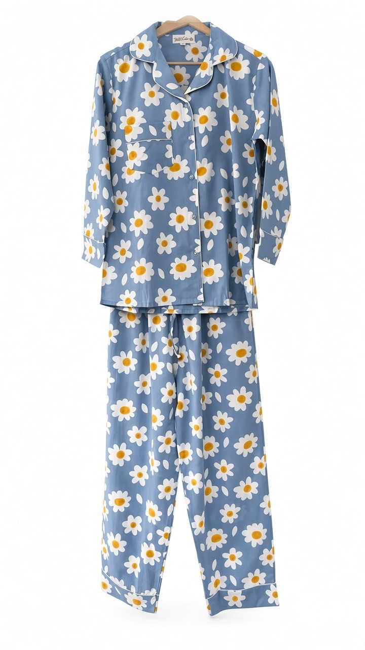 Wild Lotus UK blue cotton pyjama set with white daisy print, revere collar, and white piping detail on a hanger.