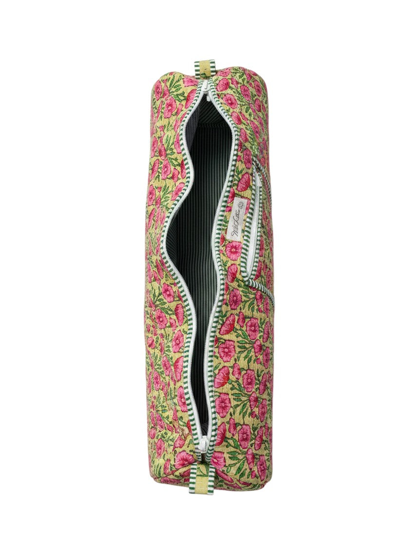 Wild Lotus UK quilted cotton yoga mat bag in floral print with green and white striped trim and front zip pocket