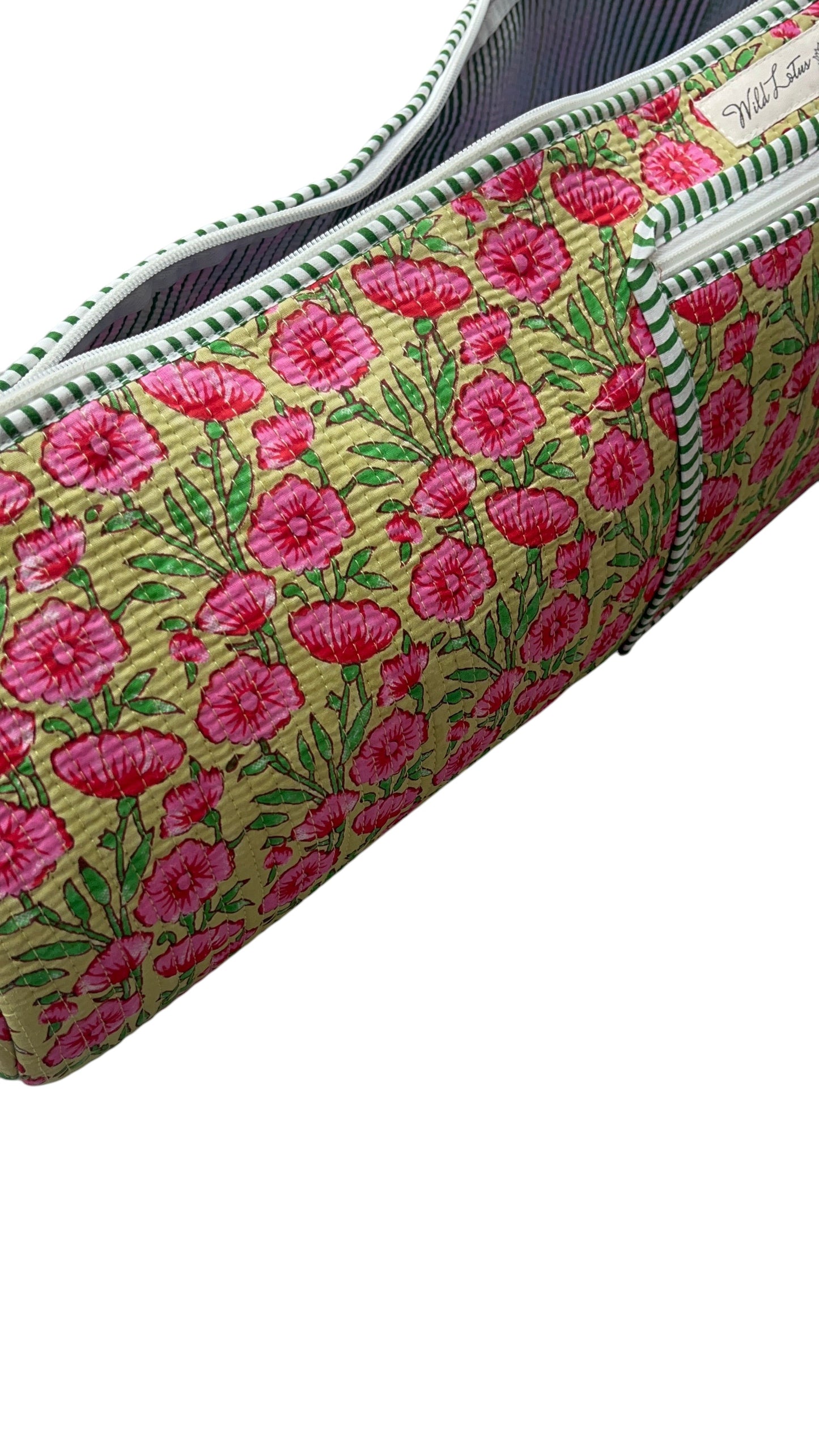 Wild Lotus UK quilted yoga mat bag in floral cotton with pink flowers and green and white striped trim
