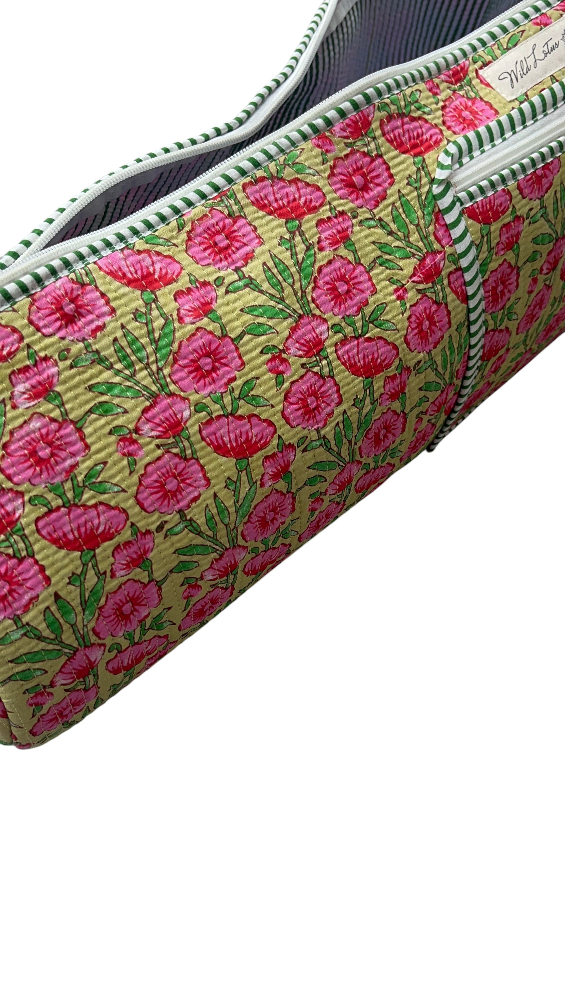 Wild Lotus UK quilted yoga mat bag in floral cotton with pink flowers and green and white striped trim