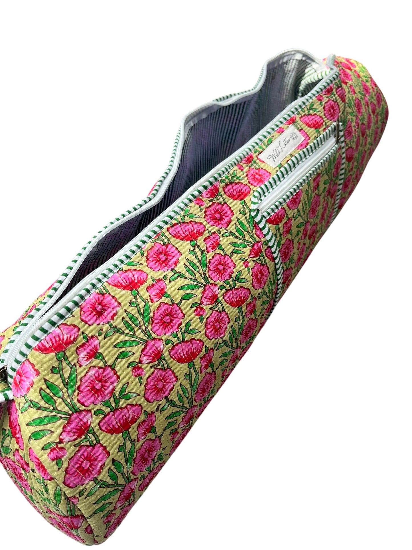 Wild Lotus UK quilted cotton yoga mat bag in yellow with pink floral pattern and green striped trim