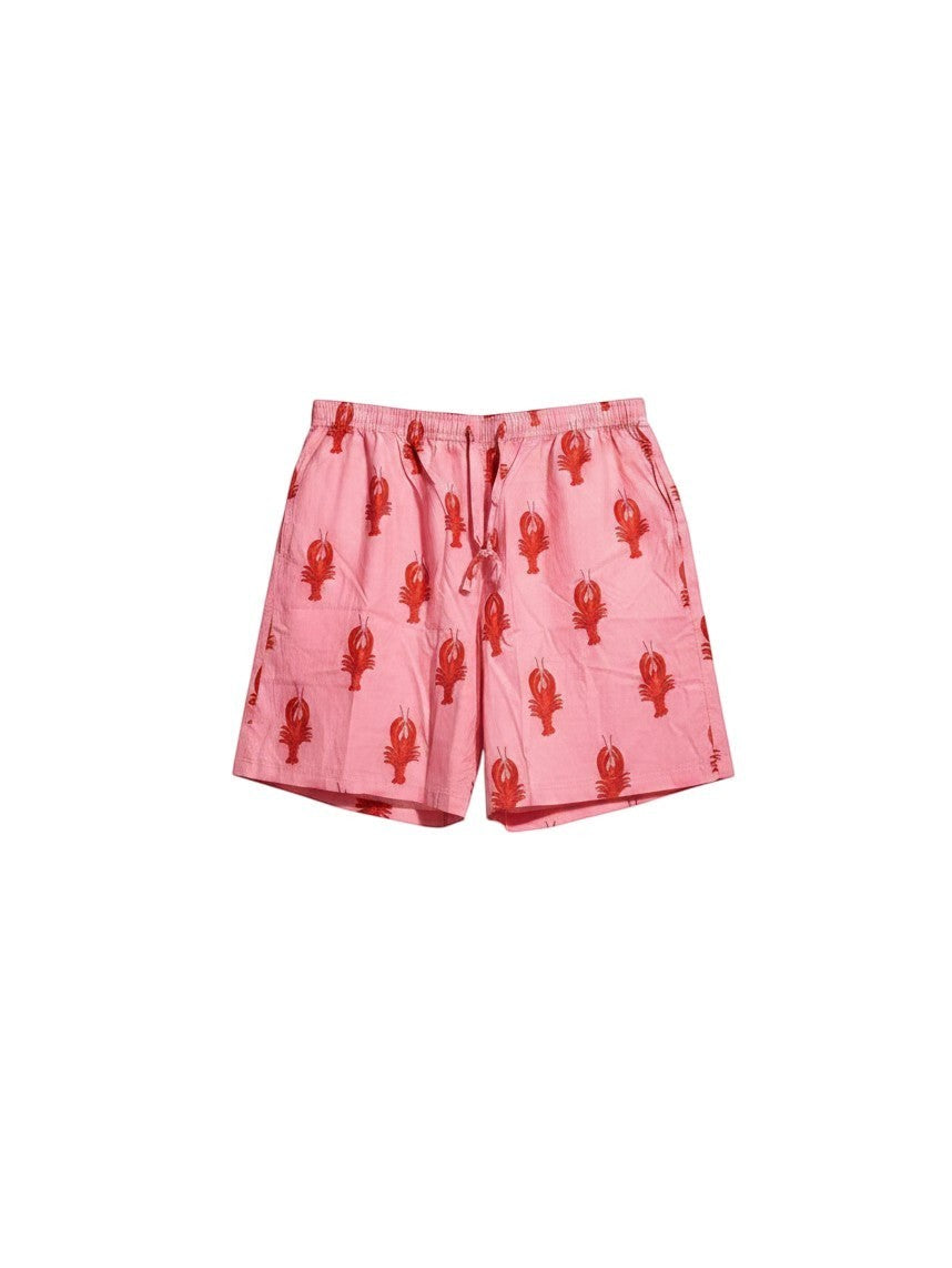 Wild Lotus UK men's pink cotton sleep shorts featuring a red lobster print, elastic waistband, and drawstring tie.
