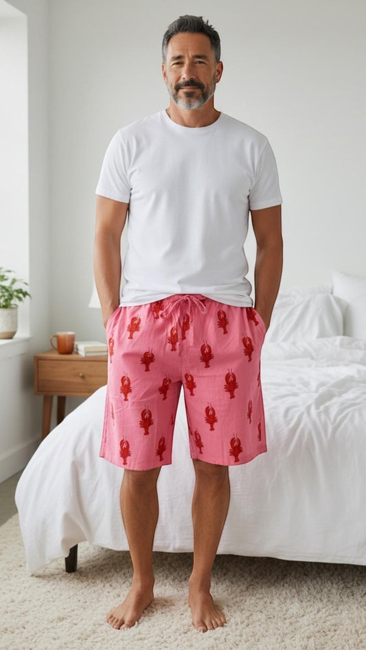 Wild Lotus UK men's pink cotton sleep shorts with red lobster print, featuring an elasticated drawstring waistband.