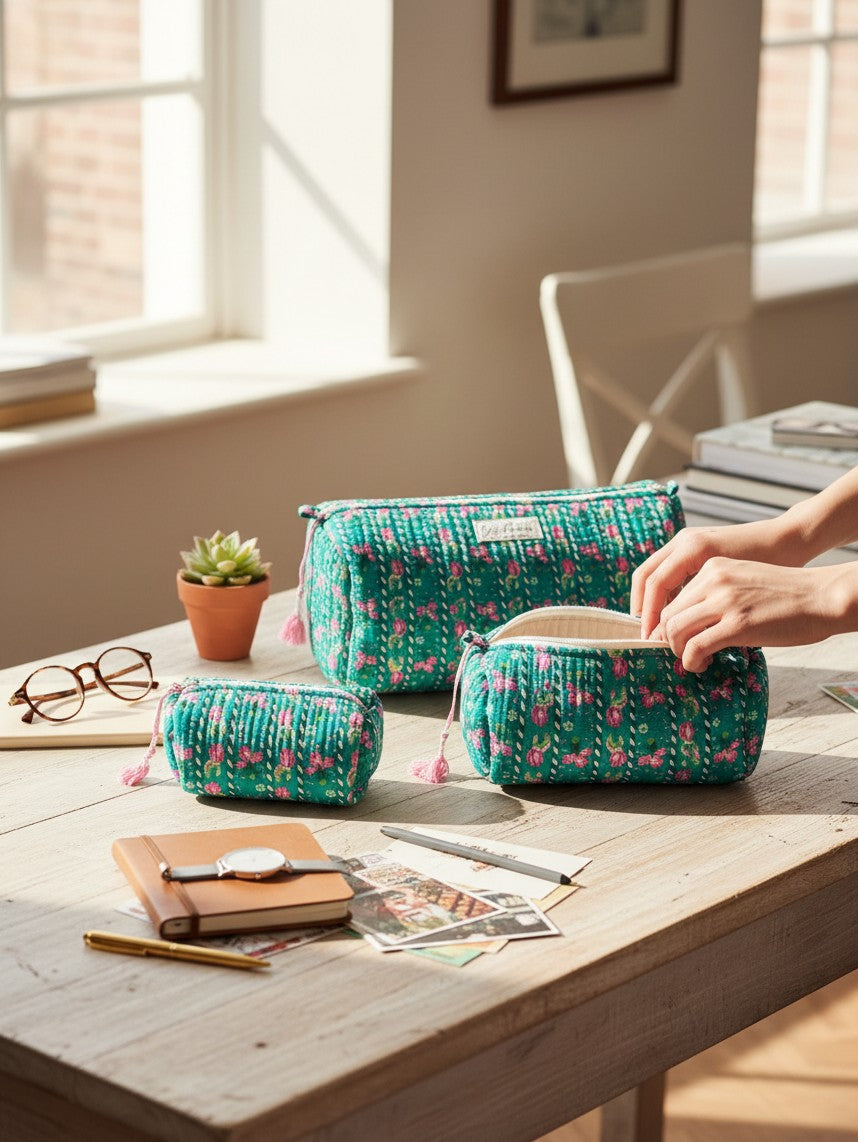 Wild Lotus UK set of three quilted cotton accessory cases in blue and green floral print with tassel zip closures.