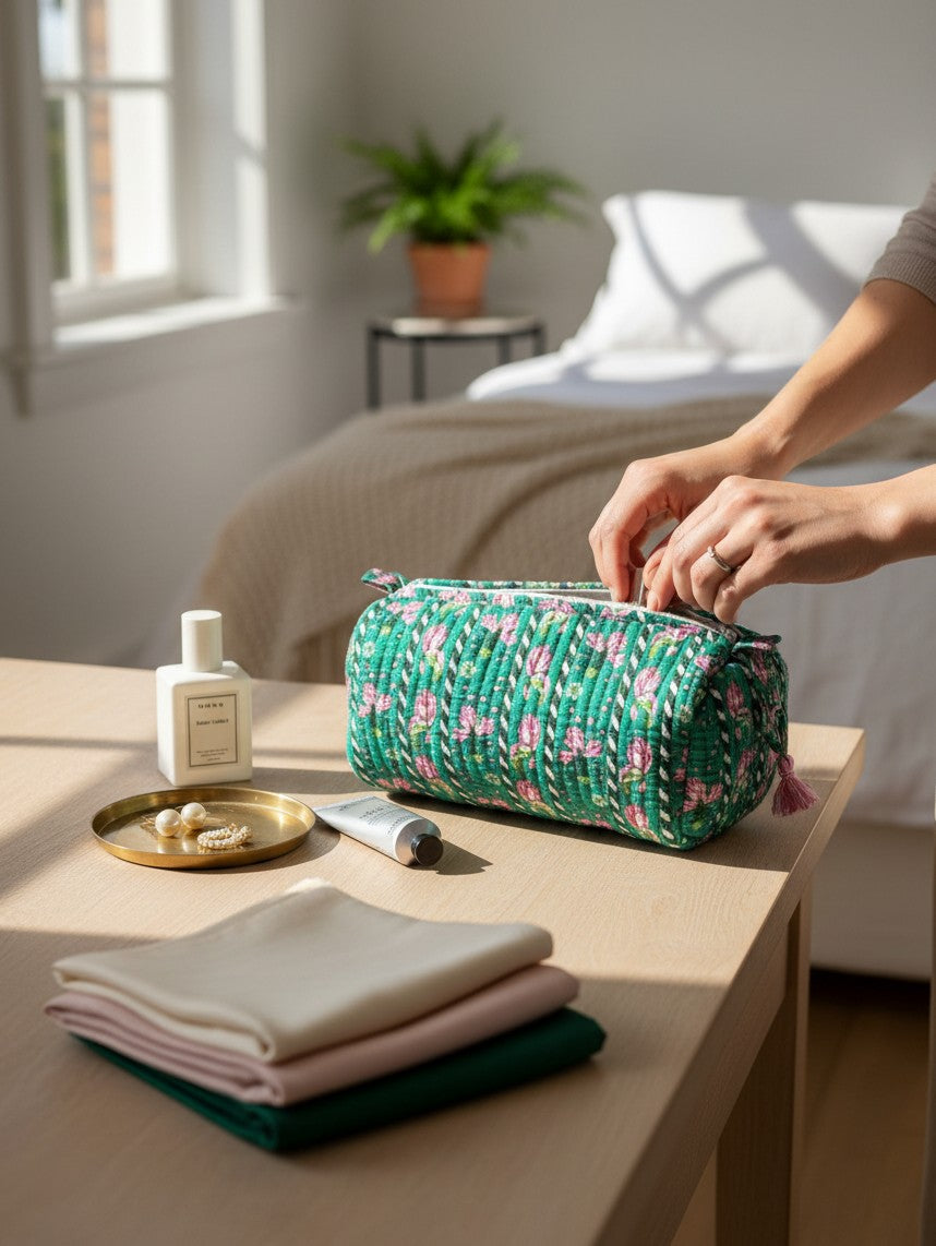 Wild Lotus UK quilted cotton floral wash bag in blue and green on a wooden table with cosmetics and accessories